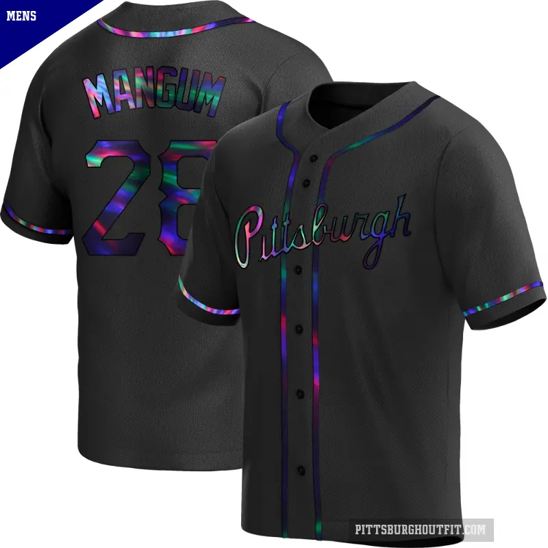 Men's No.28 Jake Mangum Pittsburgh Pirates Black Replica Holographic Alternate Jersey