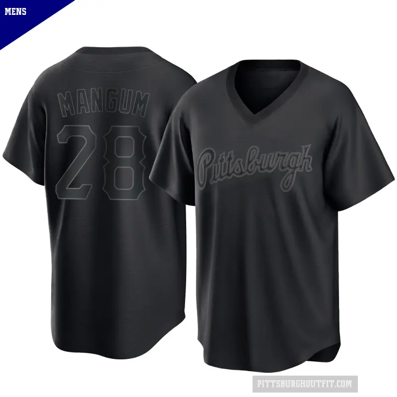 Men's No.28 Jake Mangum Pittsburgh Pirates Black Replica Pitch Fashion Jersey