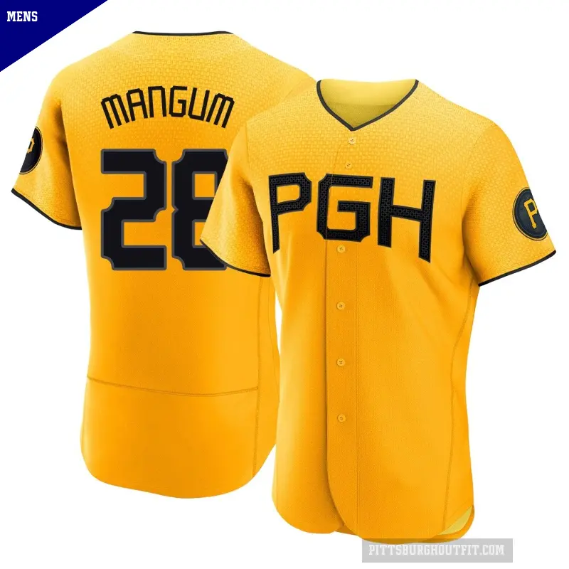 Men's No.28 Jake Mangum Pittsburgh Pirates Gold Authentic 2023 City Connect Jersey