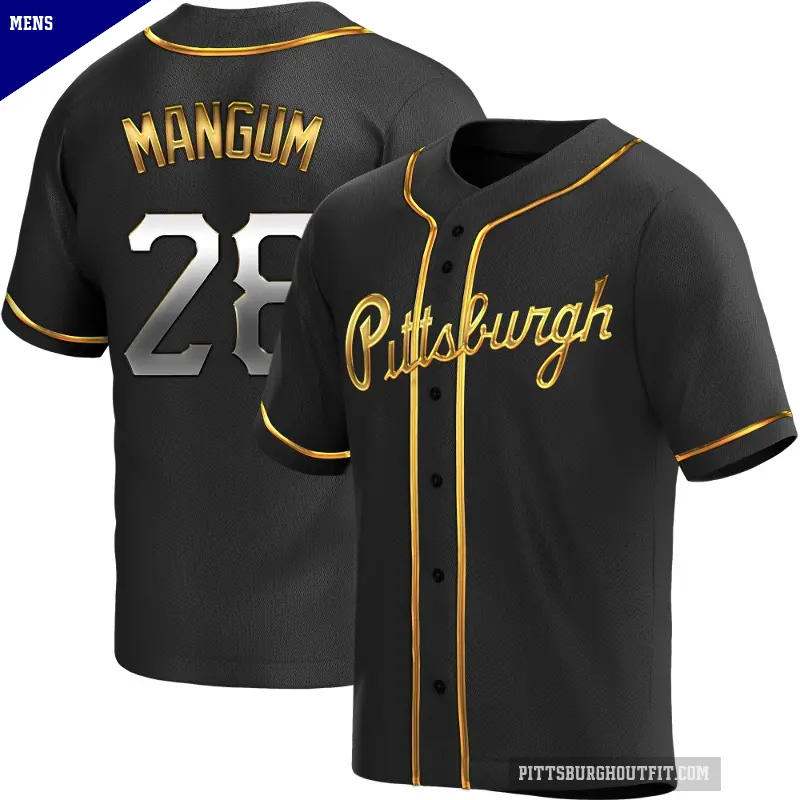 Men's No.28 Jake Mangum Pittsburgh Pirates Gold Replica Black en Alternate Jersey