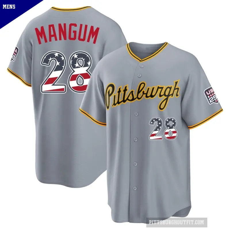 Men's No.28 Jake Mangum Pittsburgh Pirates Gray Limited USA 250 Fourth Of July Road Stadium Jersey