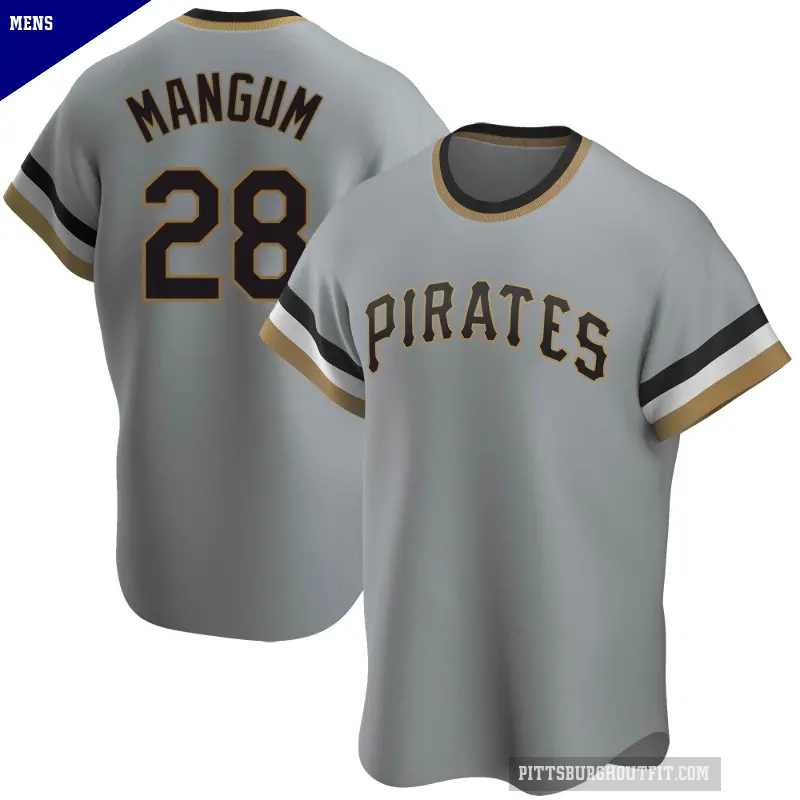Men's No.28 Jake Mangum Pittsburgh Pirates Gray Replica Road Cooperstown Collection Jersey