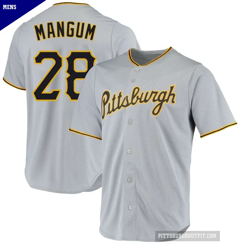 Men's No.28 Jake Mangum Pittsburgh Pirates Gray Replica Road Jersey