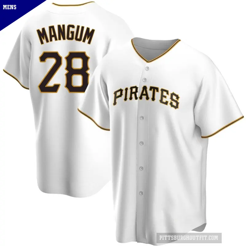 Men's No.28 Jake Mangum Pittsburgh Pirates White Replica Home Jersey