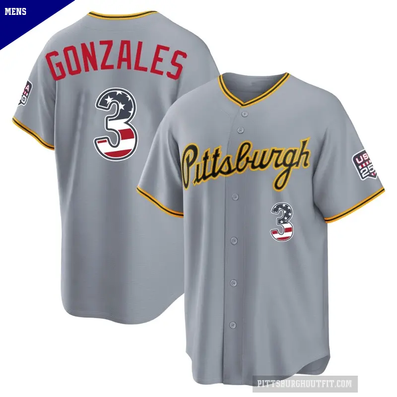 Men's No.3 Nick Gonzales Pittsburgh Pirates Gray Limited USA 250 Fourth Of July Road Stadium Jersey