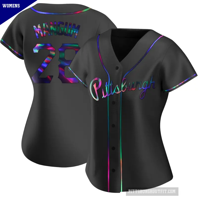 Women's No.28 Jake Mangum Pittsburgh Pirates Black Replica Holographic Alternate Jersey
