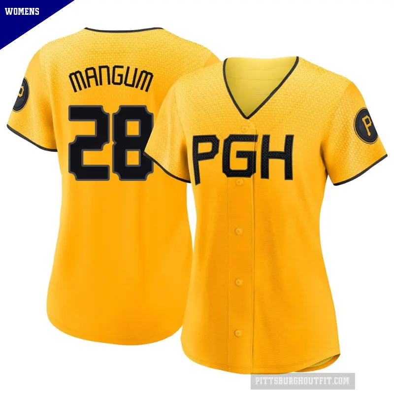 Women's No.28 Jake Mangum Pittsburgh Pirates Gold Authentic 2023 City Connect Jersey