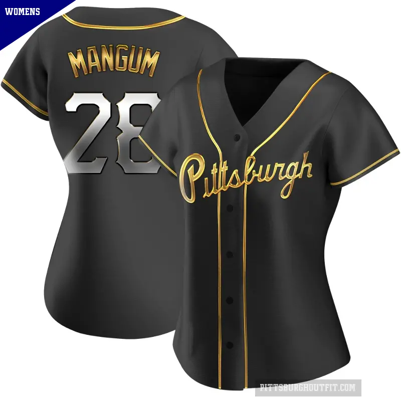Women's No.28 Jake Mangum Pittsburgh Pirates Gold Replica Black en Alternate Jersey