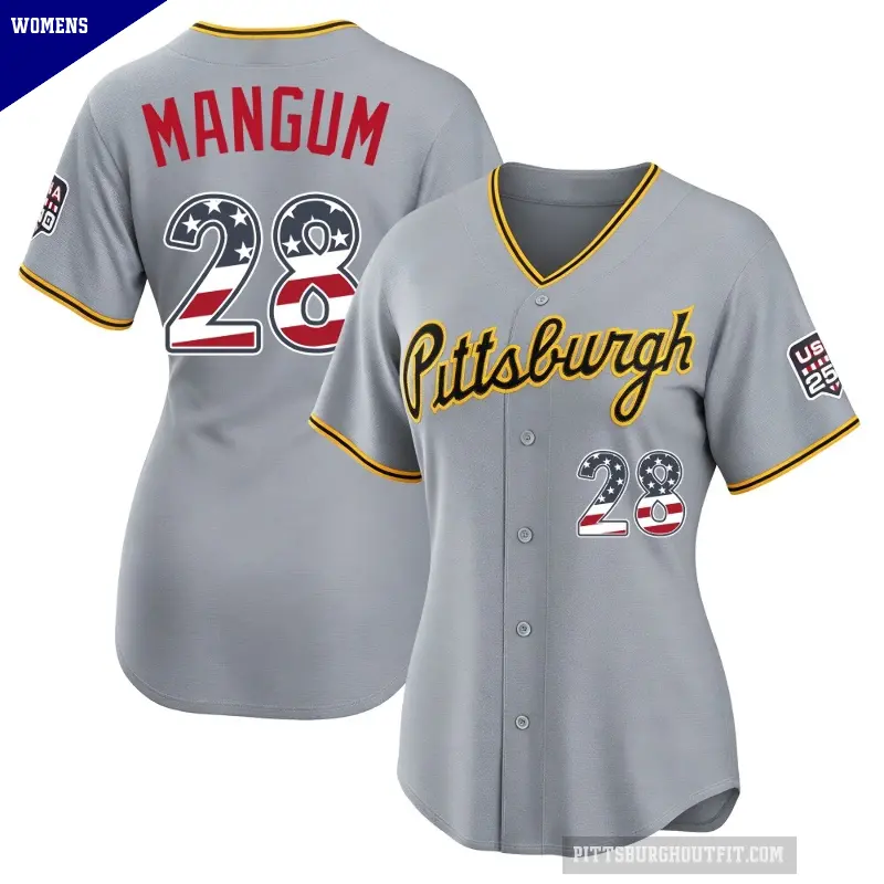 Women's No.28 Jake Mangum Pittsburgh Pirates Gray Limited USA 250 Fourth Of July Road Stadium Jersey