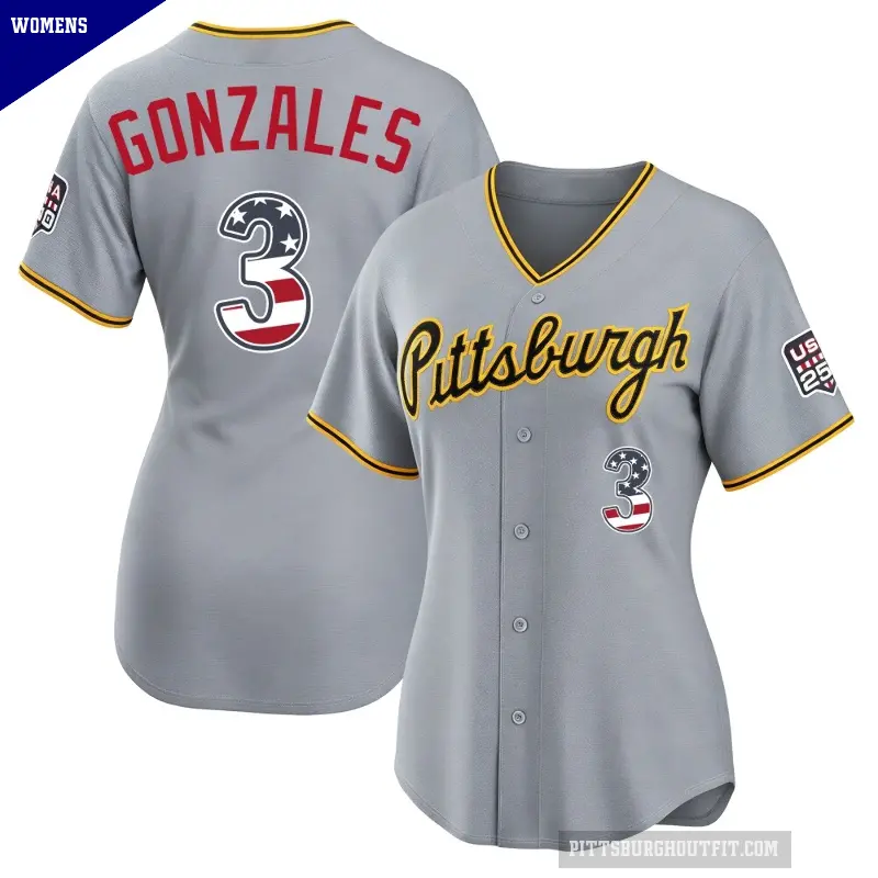 Women's No.3 Nick Gonzales Pittsburgh Pirates Gray Limited USA 250 Fourth Of July Road Stadium Jersey